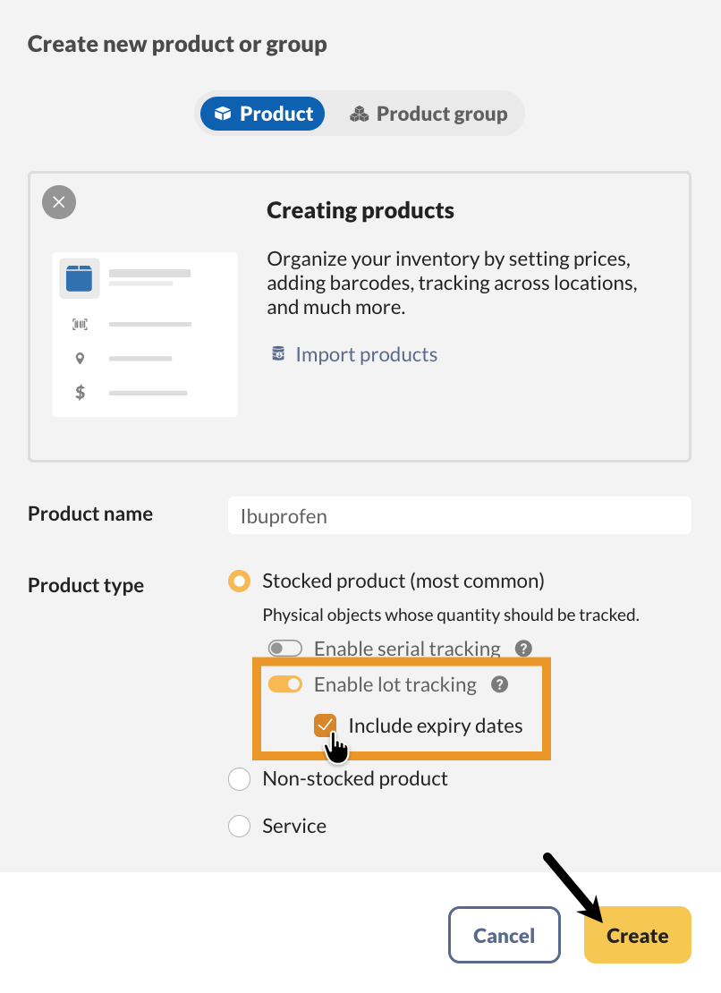 Creating a new lot-tracked product.