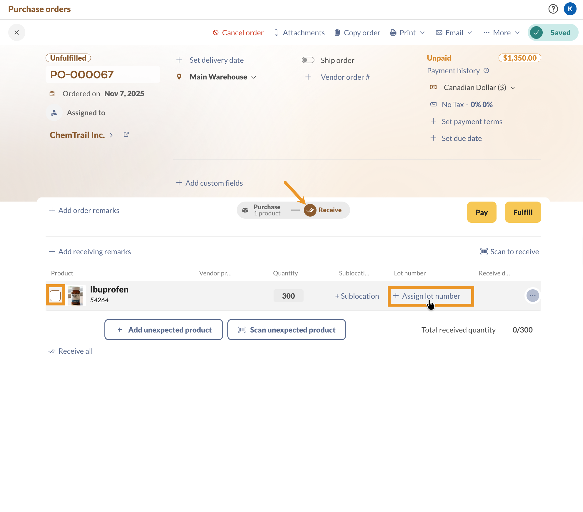 How to receive lot-tracked products on a purchase order.