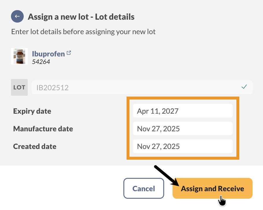 Adding new lot details when receiving products.