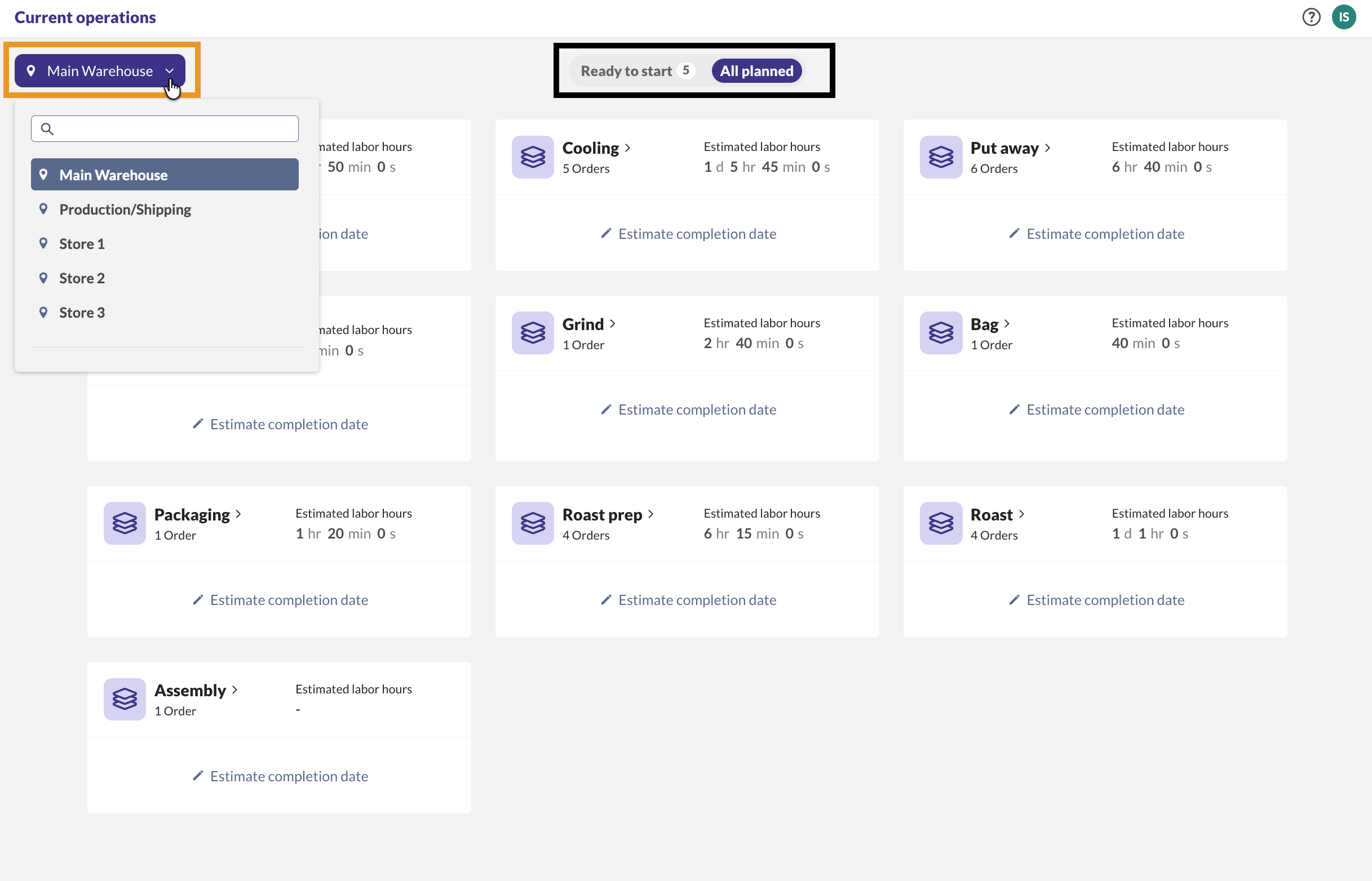The Current operations screen displays operations on open and in-progress manufacturing orders.