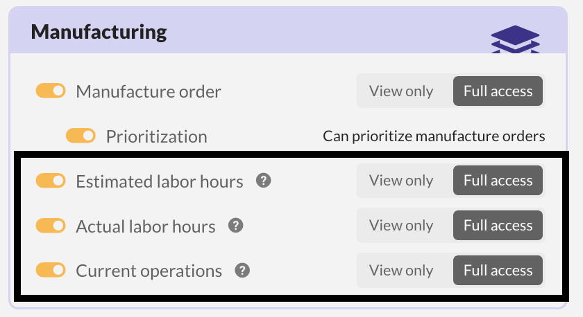 Manage access rights by toggling features to remove access or choose between View Only and Full Access.