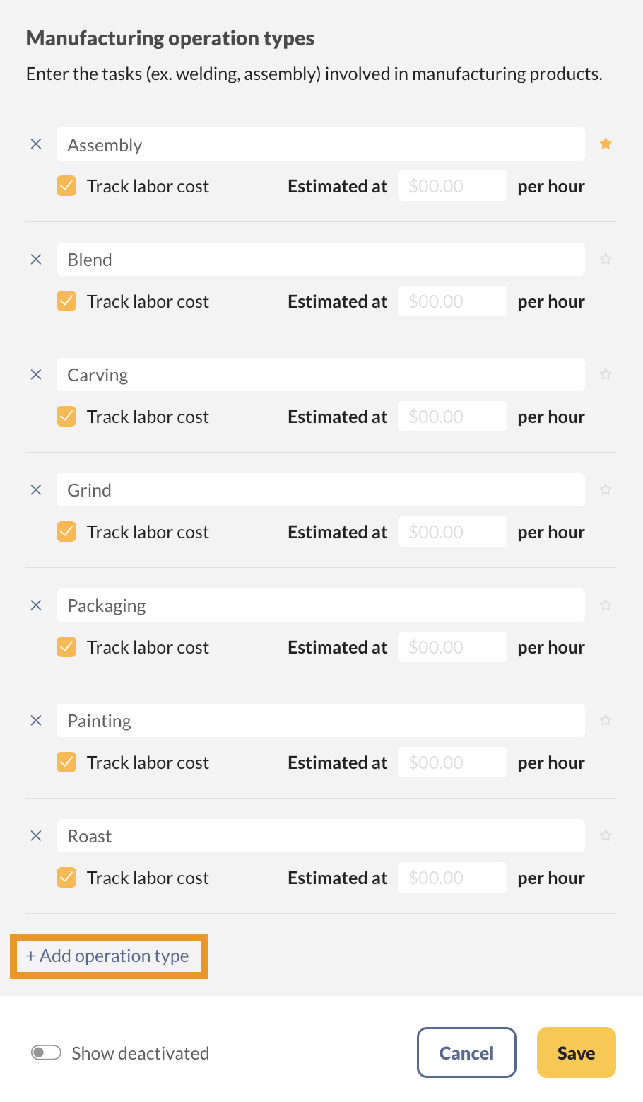 inFlow lets you manage manufacturing operations by adding new tasks, tracking labor, and entering estimated hourly costs.