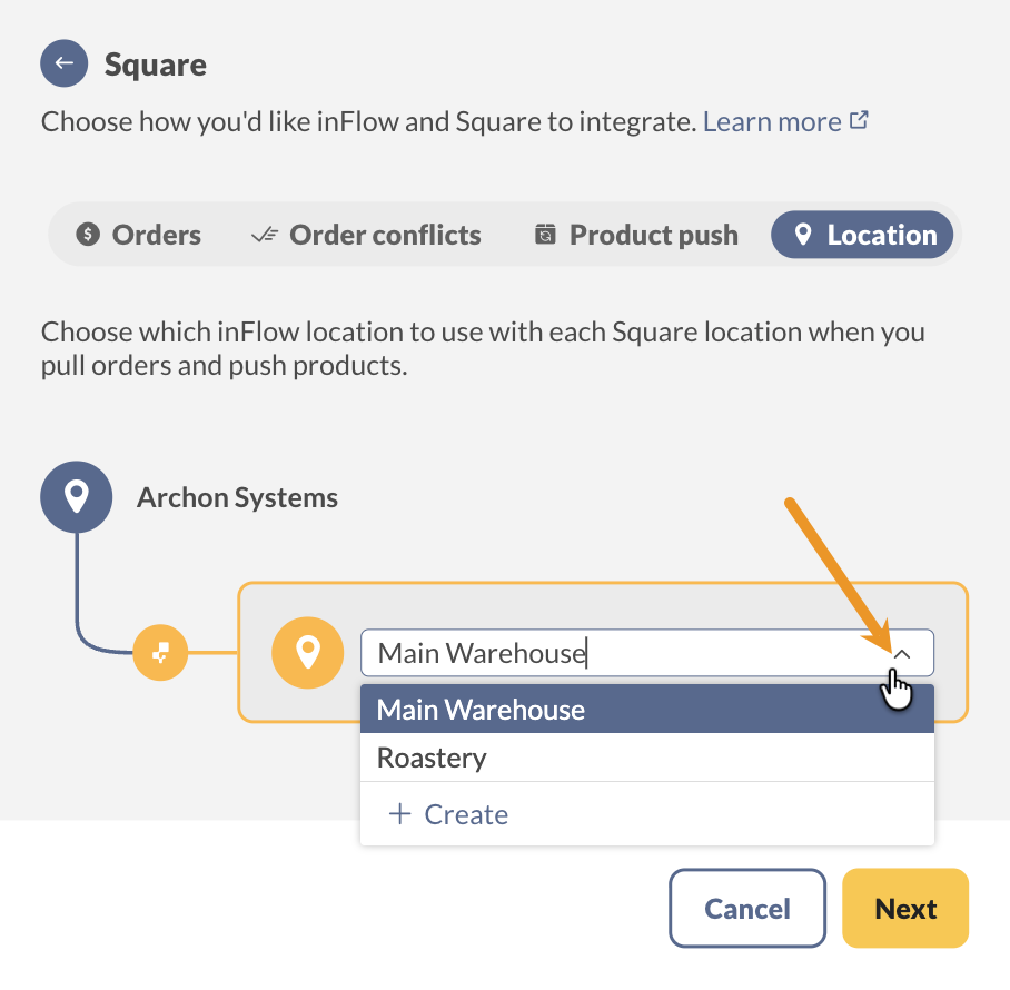 Connecting a Square account location to an inFlow location.