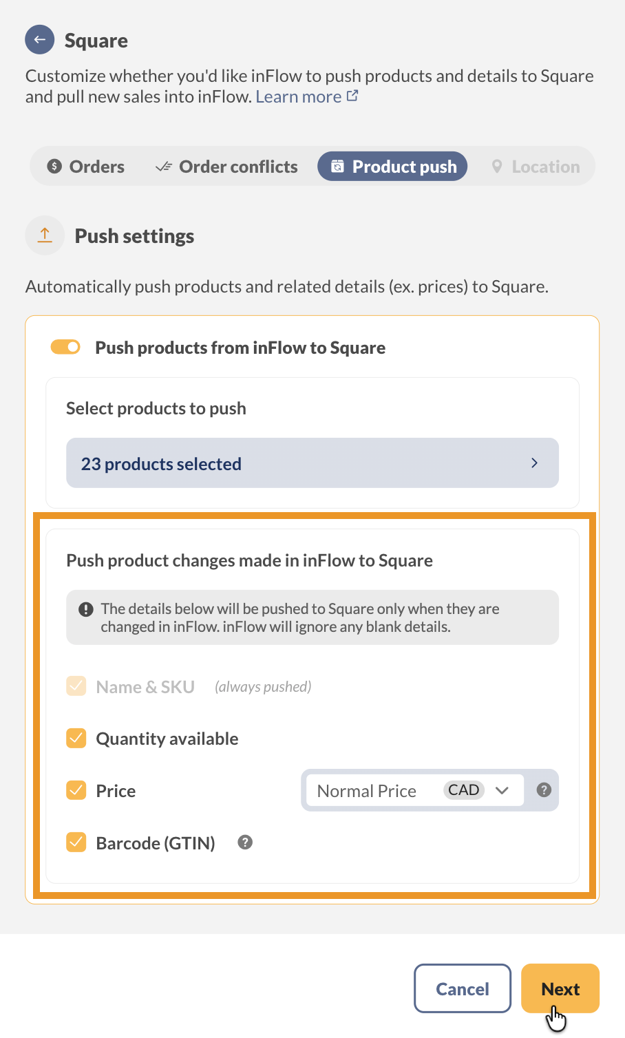 Select the product details to update in Square.