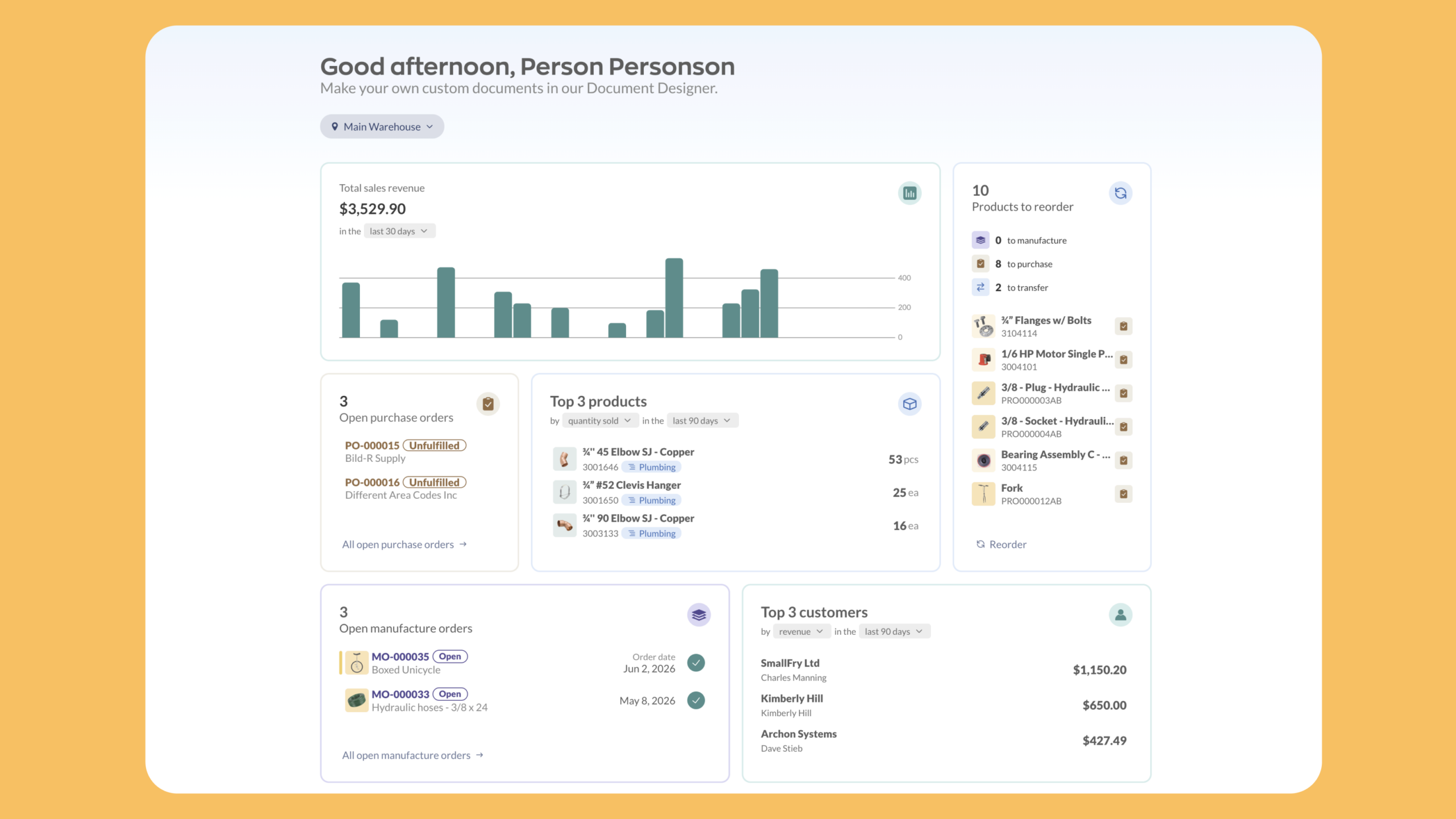 Use inFlow's web dashboard to create your own custom view with widgets for products, sales, and purchases, and more.