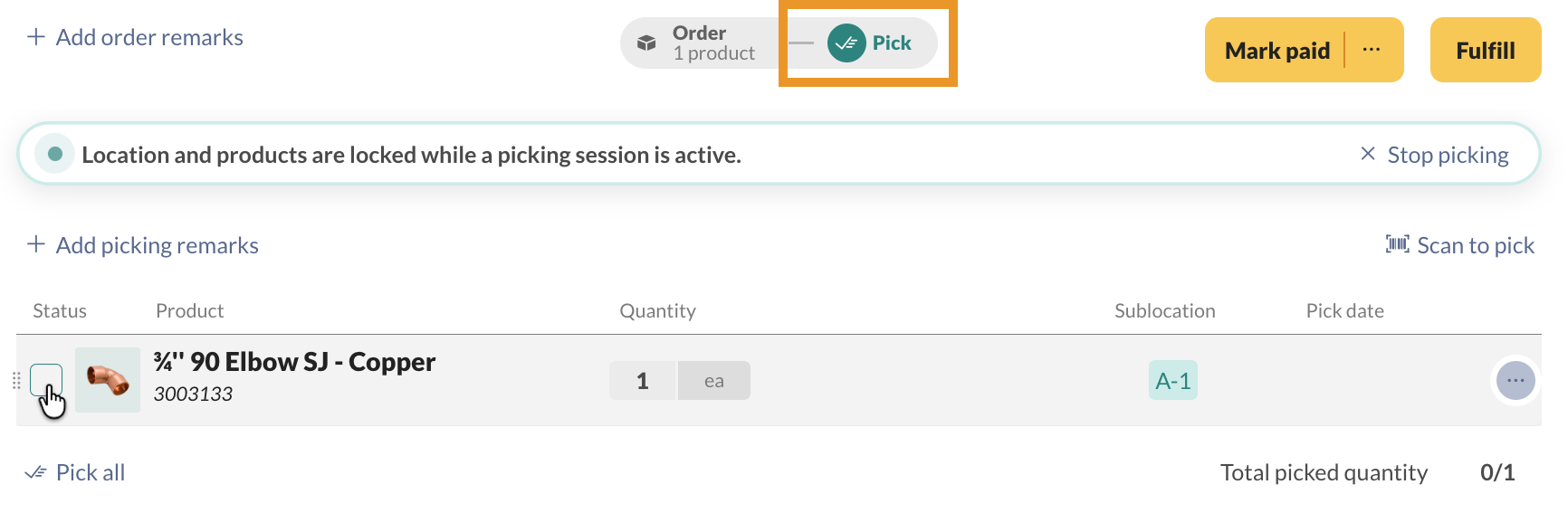 When the Pick tab is selected, the products will be allocated for the picking session.