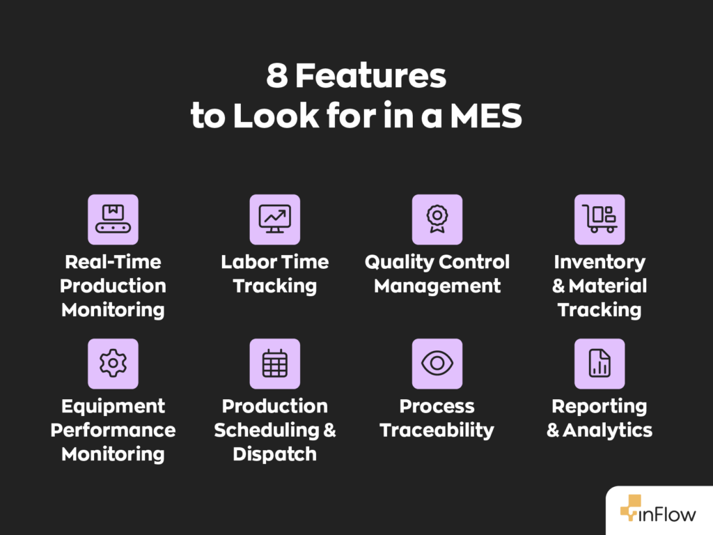 8 Features to Look for in a MES
1. Real-Time Production Monitoring
2. Labor Time Tracking
3. Quality Control Management
4. Inventory & Material Tracking
5. Equipment Performance Monitoring
6. Production Scheduling & Dispatch
7. Process Traceability
8. Reporting & Analytics