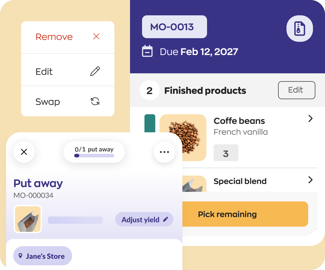 Use inFlow Mobile to pick raw materials and put away finished products