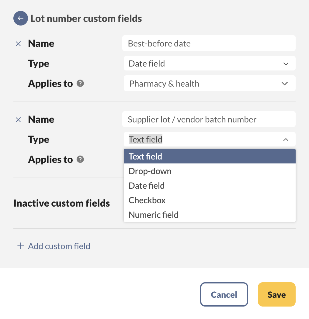 The Lot number custom fields window features an open Type drop-down menu, showcasing options for text, drop-down, date, checkbox, and numeric custom fields.