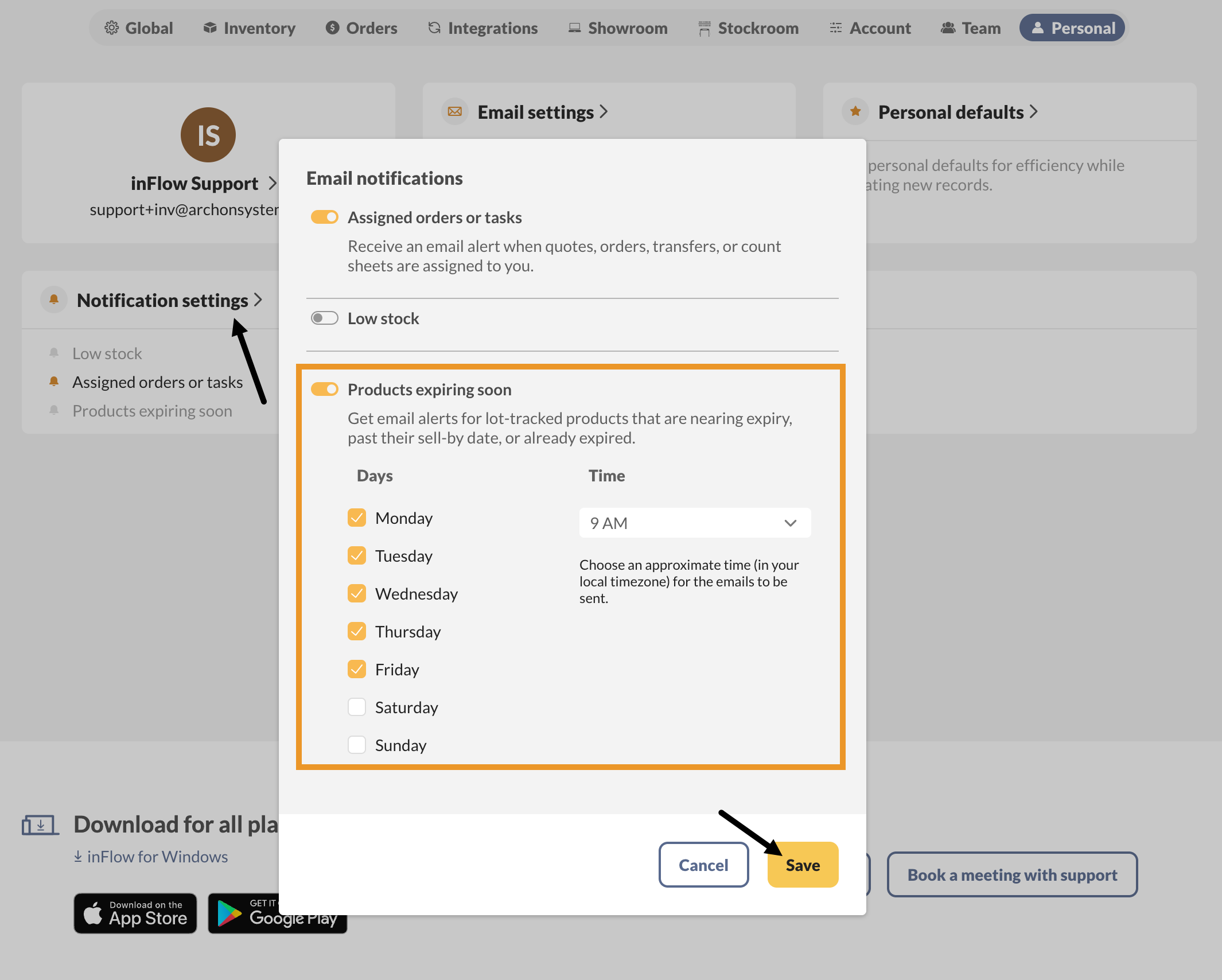 Email notifications settings with Products expiring soon turned on, set to send weekdays at 9 AM.