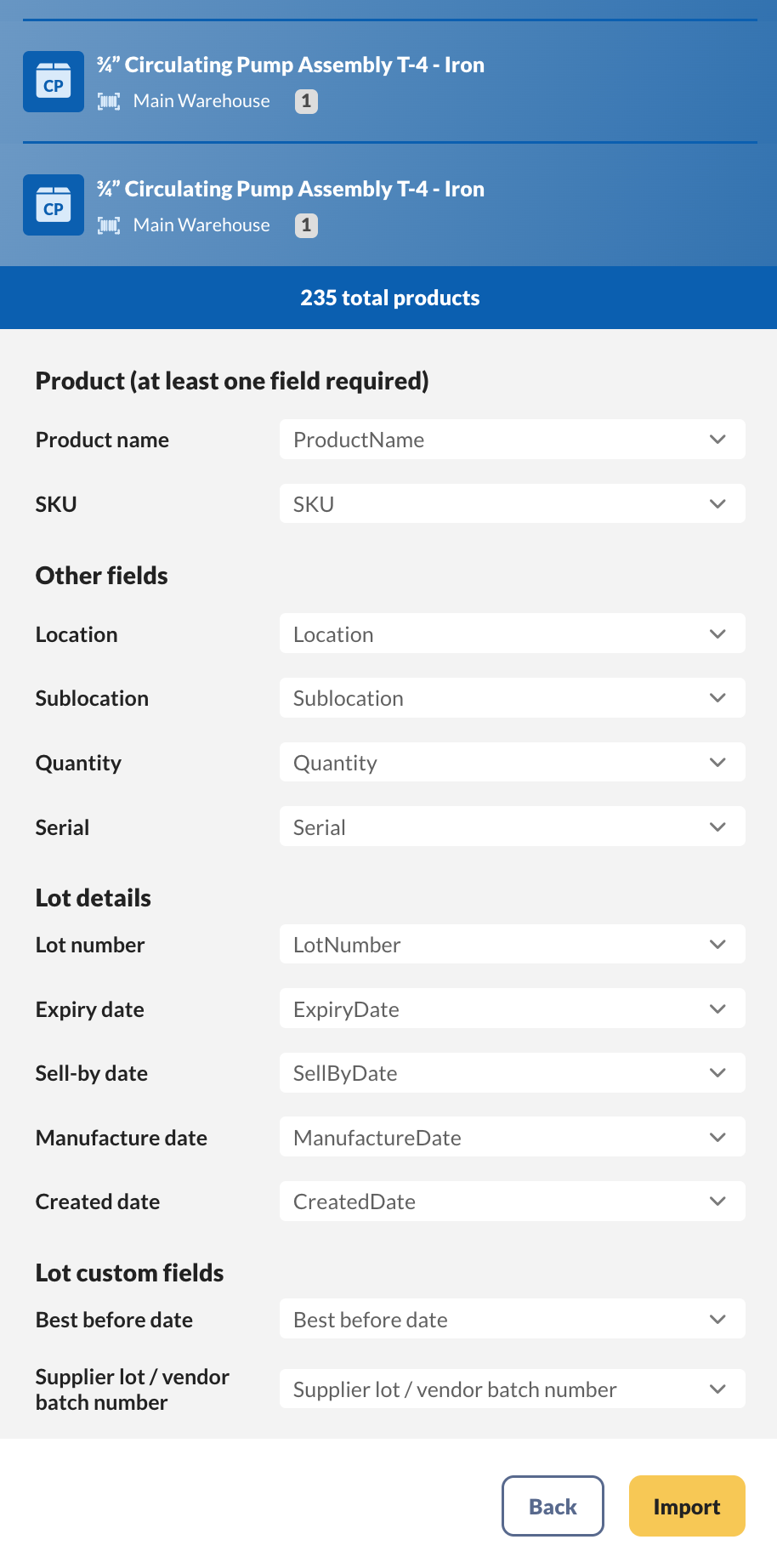 The stock levels import mapping screen with the Lot details and Lot custom fields sections matched to the CSV columns.