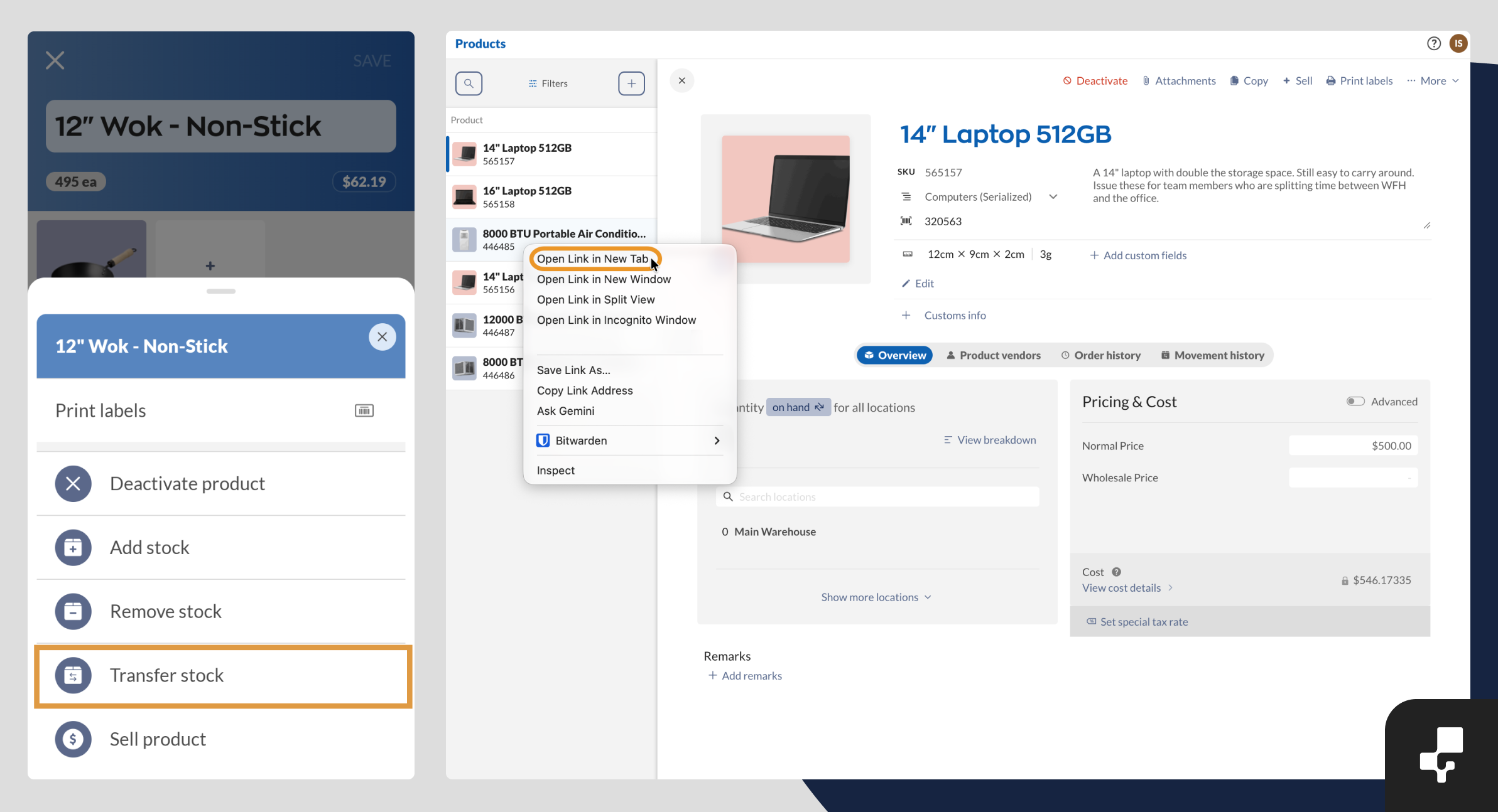 Transfer stock on mobile, and Open Link in New Tab on the web Products list.