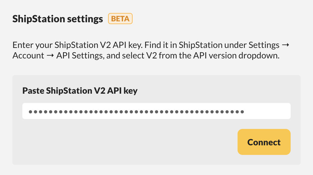 The ShipStation integration settings page with the ShipStation tile and the API key field.