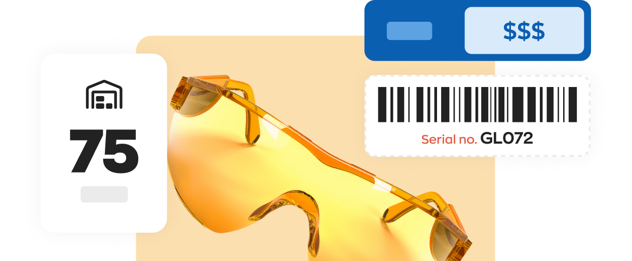 A product in inFlow showing 75 in stock, its price, and a serial number barcode label