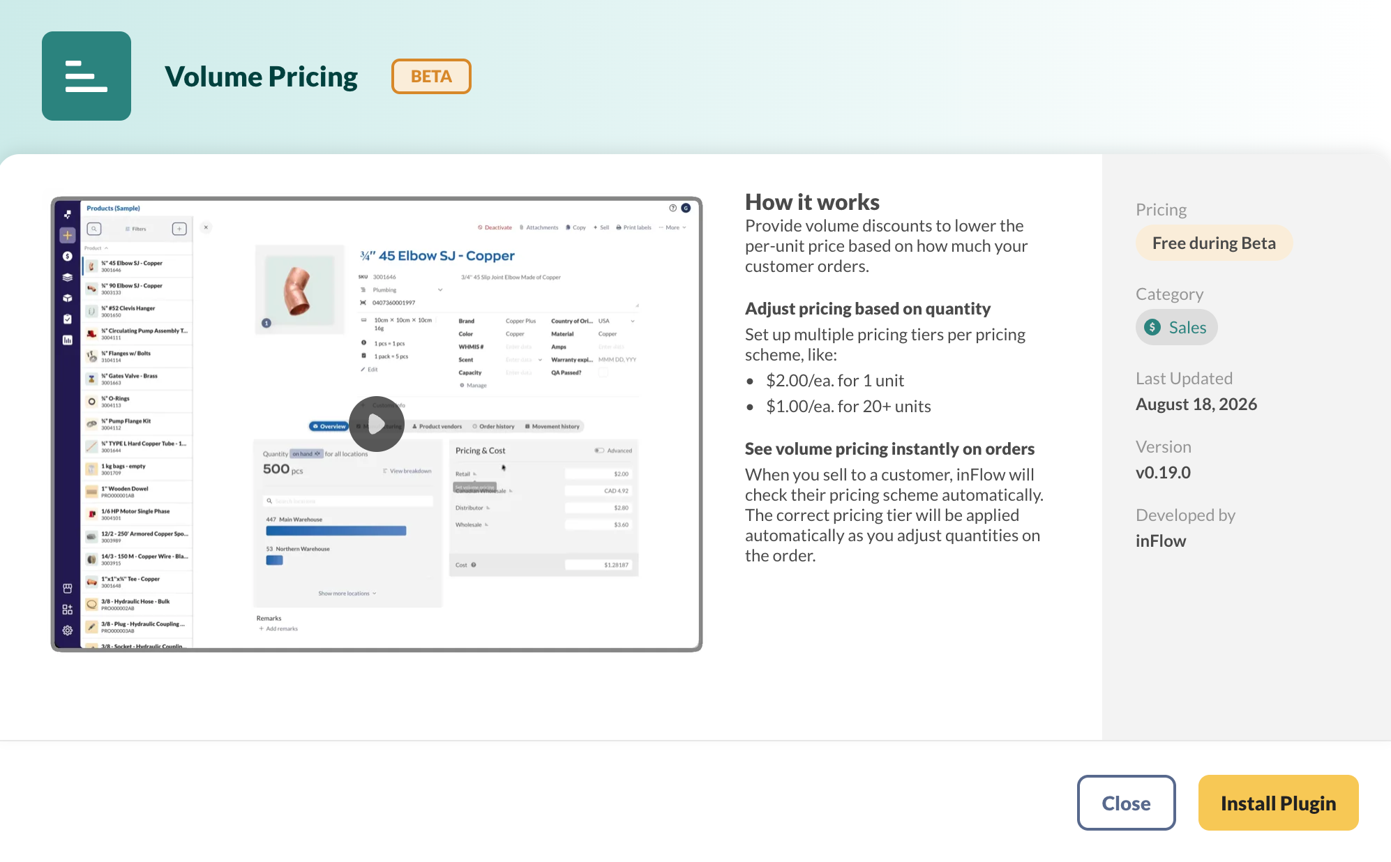 The Volume Pricing plugin page in inFlow, showing how volume discounts work — select Install Plugin to turn it on.