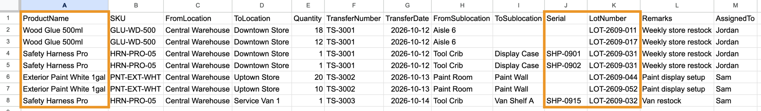 A stock transfer import showing lot-only rows with Serial left blank and serial-and-lot rows with both columns filled in.