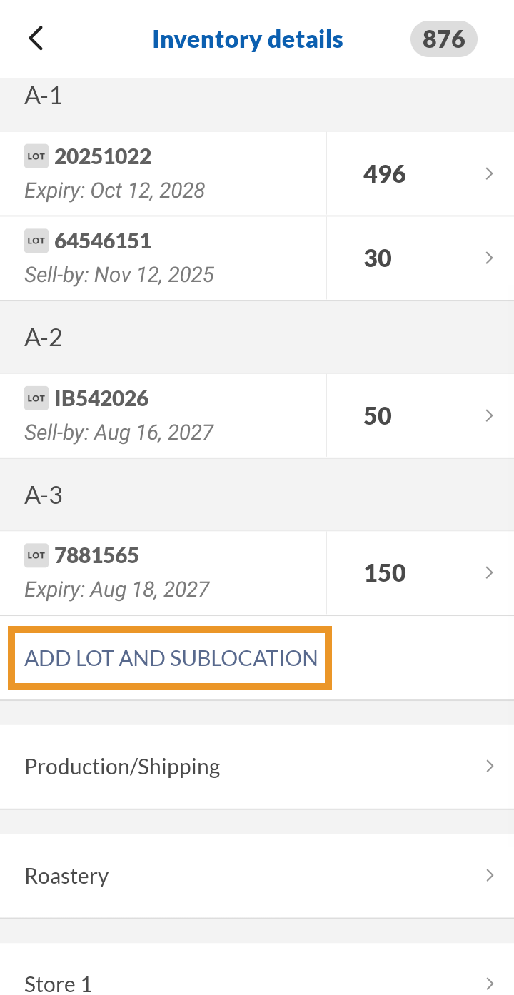 Inventory details for a lot-tracked product, with lots and expiry dates grouped by sublocation — select Add lot and sublocation to add a new lot.