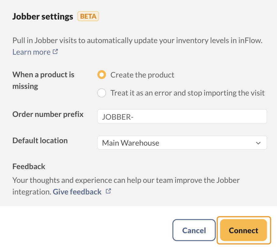 Jobber settings in inFlow filled in with a default location; select Connect to finish linking the integration.