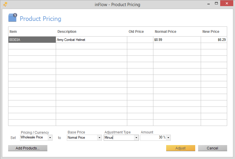 Add products to product pricing screen