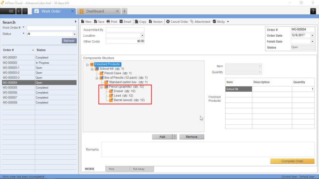 Work order screen on inFlow Cloud for Windows. Showing subassemblies on a work order.