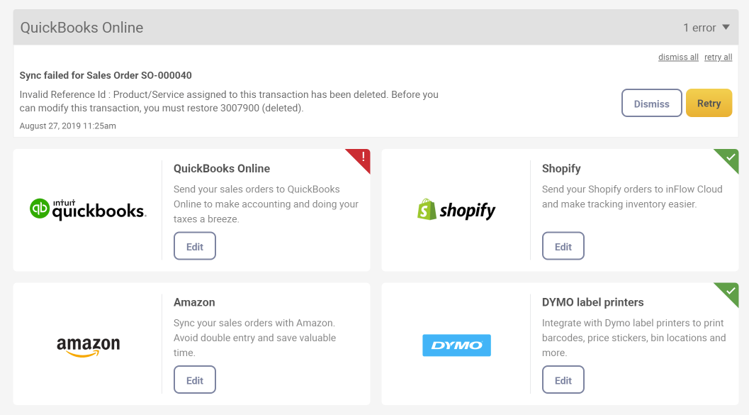 QuickBooks Online integration screen. This is where any errors are shown.
