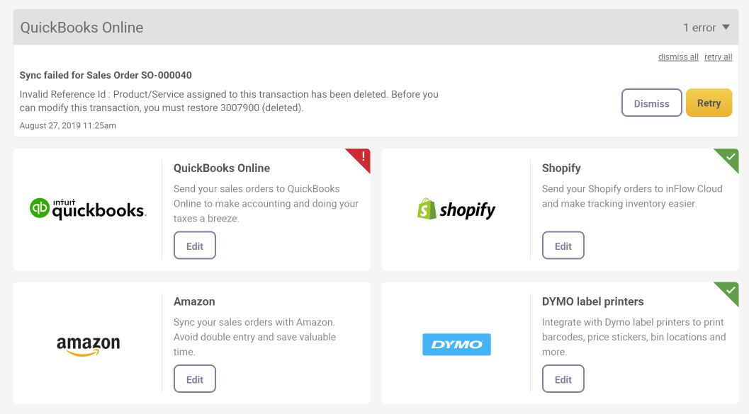 QuickBooks Online integration screen. This is where any errors are shown. 