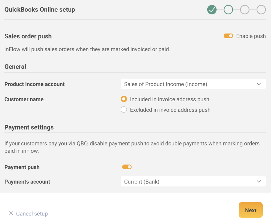 QuickBooks Online integration setup. Sales order push settings
