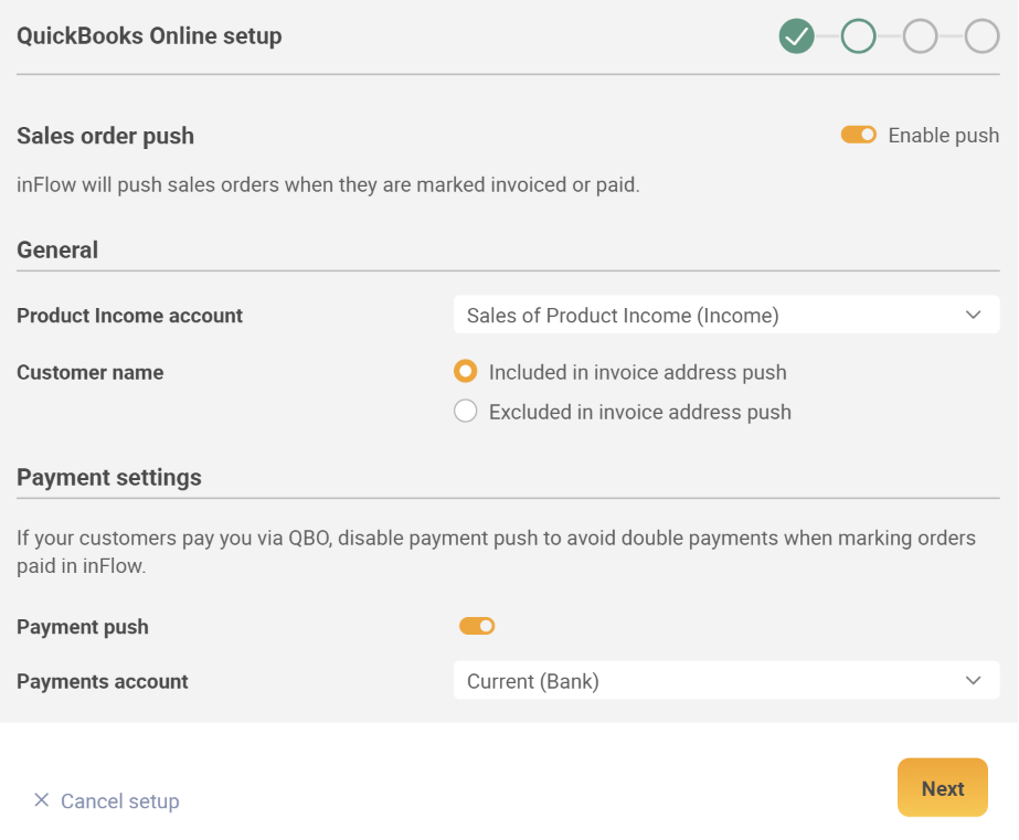 Integration setup. Sales order push settings