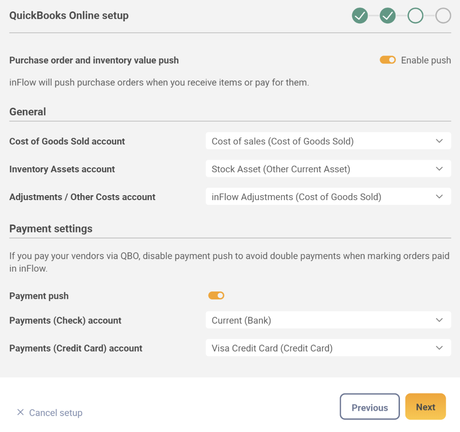 QuickBooks Online integration setup. Purchase order and inventory value push settings. 
