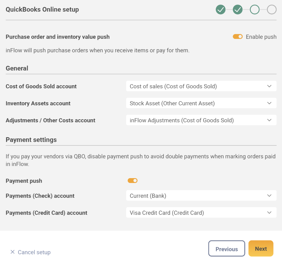 Integration setup. Purchase order and inventory value push settings. 