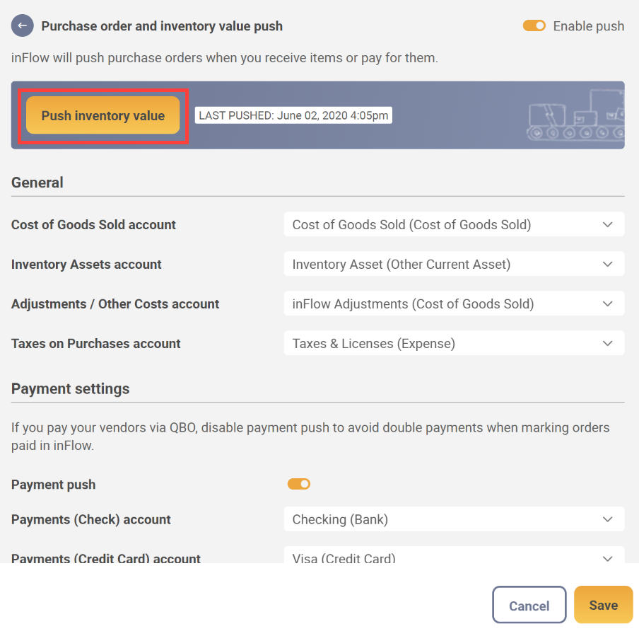 Integration setup. Push inventory value button