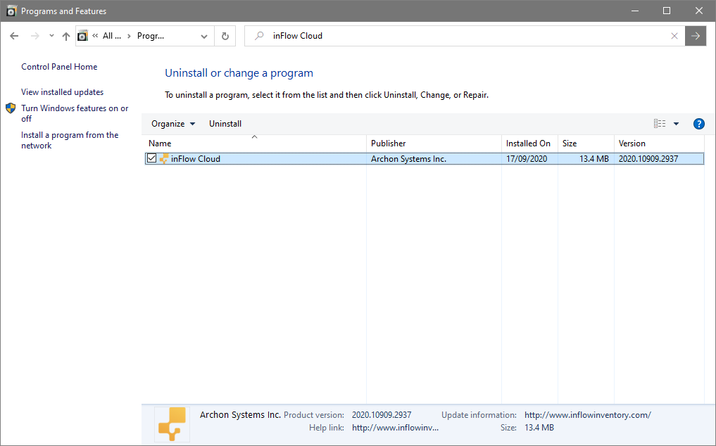 Windows Programs and Features window showing how to uninstall inFlow Cloud for Windows