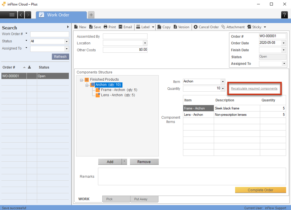 Work order screen on inFlow Cloud for Windows. Showing where to recalculate the component products after changing the work order quantity. 