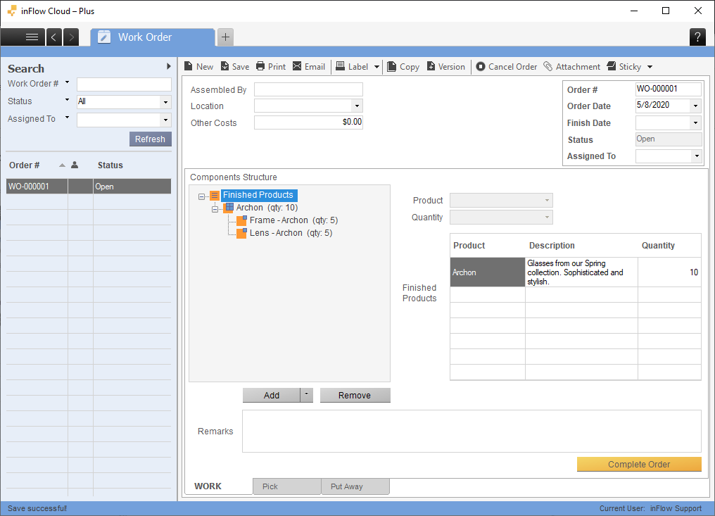 Work order screen on inFlow Cloud for Windows. Selecting the finished product, showing the components. 